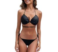 Traje de baño mujer dos piezas push up brasileño bikini conjunto sexy playa cintura baja trajes de playa Elegante Triangular V Cuello Beachwear Tanga Ajustable Bikini Swimwear, Negro , XL