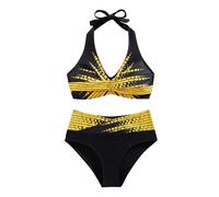 Traje de baño mujer dos piezas tanga brasileña bikini sexy playa cintura alta traje de baño elegante cordón cuello en V Beachwear Push Up Triangular Bikini Swimwear, amarillo, L