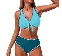Traje de baño mujer dos piezas tanga push up bikini conjunto Backless Sexy cintura alta pantalones cortos de baño Triangular Playa V Cuello Swimwear Brasileño Ajustable Bikini Swimsuit, Cielo azul