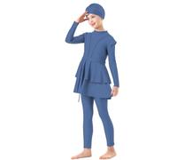 Traje de baño musulmán para niñas, 3 piezas, cobertura completa, hiyab, burkini, traje de baño árabe, traje de sol, ropa de playa, parte superior y pantalón, disfraz, azul, 6-7 años