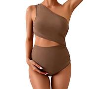 Traje de baño negro de una pieza para mujer, traje de baño de maternidad y embarazo, escote de un hombro con detalle fruncido o volantes, aspecto liso, playa, piscina, vacaciones, traje de baño con