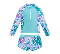 Traje de Baño Niña 2 Piezas Manga Larga Protección Solar, Estampado Top con Cremallera y Shorts Secado Rápido, Bañador Anticalor Rash Guard Playa Piscina Ropa para 7-14 Años