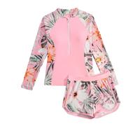 Traje de Baño Niña 2 Piezas Manga Larga Protección Solar, Estampado Top con Cremallera y Shorts Secado Rápido, Bañador Anticalor Rash Guard Playa Piscina Ropa para 7-14 Años