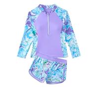 Traje de Baño Niña 2 Piezas Manga Larga Protección Solar, Estampado Top con Cremallera y Shorts Secado Rápido, Bañador Anticalor Rash Guard Playa Piscina Ropa para 7-14 Años