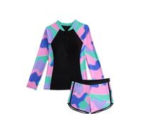 Traje de Baño Niña 2 Piezas Manga Larga Protección Solar, Estampado Top con Cremallera y Shorts Secado Rápido, Bañador Anticalor Rash Guard Playa Piscina Ropa para 7-14 Años