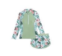 Traje de Baño Niña 2 Piezas Manga Larga Protección Solar, Estampado Top con Cremallera y Shorts Secado Rápido, Bañador Anticalor Rash Guard Playa Piscina Ropa para 7-14 Años