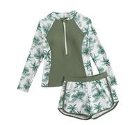 Traje de Baño Niña 2 Piezas Manga Larga Top con Cremallera y Pantalones Cortos, UV Protección Solar Rash Guard Secado Rápido Bañador Playa Piscina para Niños 5-14 Años