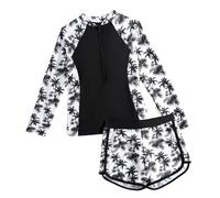 Traje de Baño Niña 2 Piezas Manga Larga Top con Cremallera y Pantalones Cortos, UV Protección Solar Rash Guard Secado Rápido Bañador Playa Piscina para Niños 5-14 Años