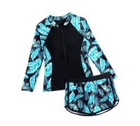 Traje de Baño Niña 2 Piezas Manga Larga Top con Cremallera y Pantalones Cortos, UV Protección Solar Rash Guard Secado Rápido Bañador Playa Piscina para Niños 5-14 Años
