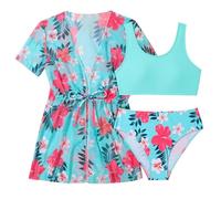 Traje de Baño Niña Natacion, Conjunto de Bikini de 3 Piezas para Niñas con Kimono Floral Traje de Baño Veraniego para Edades 8 a 14 Años