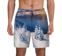 Traje de baño para hombre con estampado de puesta de sol y montañas con forro de compresión, traje de baño de secado rápido con bolsillos, pantalones cortos de playa, Negro, M
