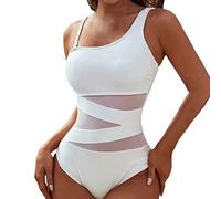 Traje de baño para mujer 1 pieza de cintura alta Monokini sexy Tankini asimétrico hombro pelado Tul Sheer elegante espalda descubierta vientre plano sólido natación playa Swimsuit playa, blanco, L