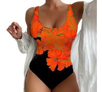 Traje de baño para mujer, 1 pieza, estampado de flores sin espalda y cuerpo ganador. Perfecto para un look sexy y femenino. Traje de baño para mujer 1 pieza estampado flores sin espalda, naranja, L