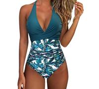Traje de baño para mujer, 1 piezas, ganador, control de vientre, cuello en V, sexy monokini push up estampado floral fruncido delantero traje de baño de una pieza acolchado espalda desnuda Swimsuit