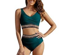 Traje de baño para mujer, 2 piezas, bikini para mujer, 2 piezas, cintura alta, banda étnica, control de tummy para playa, piscina, vacaciones, verano, transpirable, antiUV, deporte acuático, Verde
