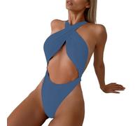 Traje de baño para mujer de 1 pieza liso con cierre de cuello y espalda desnuda para un efecto sexy y ganador en la playa con estilo Bikini Gorros integrados M26, Azul oscuro., L