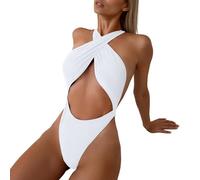 Traje de baño para mujer de 1 pieza liso con cierre de cuello y espalda desnuda para un efecto sexy y ganador en la playa con estilo Bikini Gorros integrados M26, blanco, XXL
