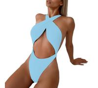 Traje de baño para mujer de 1 pieza liso con cierre de cuello y espalda desnuda para un efecto sexy y ganador en la playa con estilo Bikini Gorros integrados M26, azul claro, XS