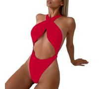 Traje de baño para mujer de 1 pieza liso con cierre de cuello y espalda desnuda para un efecto sexy y ganador en la playa con estilo Bikini Gorros integrados M26, Rd1, XL