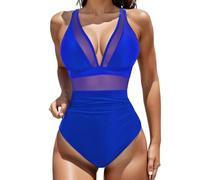 Traje de baño para mujer de 1 pieza liso de malla con espalda desnuda para un efecto sexy y moderno en la playa con estilo bikini y gorros integrados M20, azul, XL