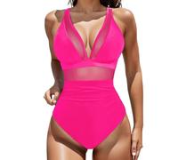 Traje de baño para mujer de 1 pieza liso de malla con espalda desnuda para un efecto sexy y moderno en la playa con estilo bikini y gorros integrados M20, rosa fuerte, S