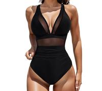 Traje de baño para mujer de 1 pieza liso de malla con espalda desnuda para un efecto sexy y moderno en la playa con estilo bikini y gorros integrados M22, Le Noir, M