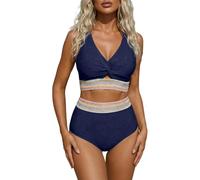 Traje de baño para mujer de 2 piezas sexy - Bikini para mujer de 2 piezas, camiseta sin mangas con lazo con banda zigzag, baja cintura alta contraste - Adelgazante, sostenido, para playa, piscina
