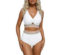 Traje de baño para mujer de 2 piezas sexy - Bikini para mujer de 2 piezas, camiseta sin mangas con lazo con banda zigzag, baja cintura alta contraste - Adelgazante, sostenido, para playa, piscina