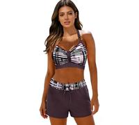 Traje de baño para mujer de 2 piezas sexy - Bikini para mujer de 2 piezas, cuello halter alto con anillo metálico, pantalón corto de baño estampado a rayas - estilo elegante para playa, piscina