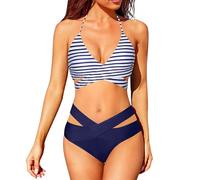 Traje de baño para mujer de dos piezas deportivo brasileño bikini conjunto Backless Sexy cintura baja traje de baño cordón ajustable cuello en V Swimsuit Tanga playa Bikini Swimwear, Cielo azul., XL