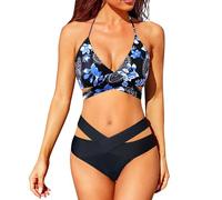 Traje de baño para mujer de dos piezas deportivo brasileño bikini conjunto Backless Sexy cintura baja traje de baño cordón ajustable cuello en V Swimsuit Tanga playa Bikini Swimwear, azul oscuro, S