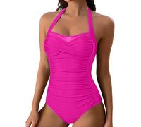 Traje de baño para mujer de una pieza, camiseta de 1 pieza | escote espalda desnuda, tirantes para cuello, fruncido en el busto y el vientre, yugo de tul en el escote | Playa, Piscina, #01-rosa vivo