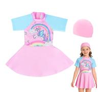 Traje de baño para niñas con Falda, Falda de protección Solar UV para niñas con Gorra, Bañador de una Pieza para niña Unicornio para Surf, Playa, Fiesta de Verano, Vacaciones (B) (L, Ages 5-6)