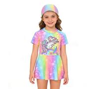 Traje de baño para niñas con Falda, Falda de protección Solar UV para niñas con Gorra, Bañador de una Pieza para niña Unicornio para Surf, Playa, Fiesta de Verano, Vacaciones (A) (L, Ages 5-6)