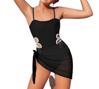 Traje de baño para niñas, con tirantes ajustables, 1 pieza, cuello redondo, color sólido, recortado y 1 bufanda de seda, Negro, 9-10 años