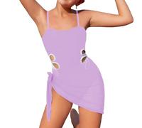 Traje de baño para niñas, con tirantes ajustables, 1 pieza, cuello redondo, corte de color sólido y 1 bufanda de seda, morado claro, 7-8 años