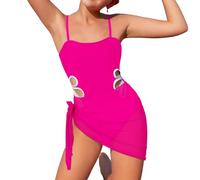 Traje de baño para niñas, con tirantes ajustables, 1 pieza, cuello redondo, corte de color sólido y 1 bufanda de seda, hot pink, 13-14 años