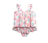Traje de baño para niños y niñas de una pieza para ayudar a la flotabilidad, flotadores desmontables para seguridad Confianza, color rosa con diseño de globos aerostáticos, protección contra rayos UV+