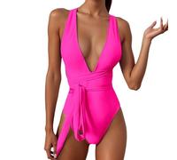 Traje de baño sexy con corbata cruzada para mujer, monokini entallado, con cuello en V, cintura alta, traje de baño deportivo, traje de baño de secado rápido, O Rosa Caliente, M