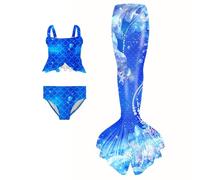 Traje De BañO Sirena para NiñA 3 Piezas NiñAs Fruncido Volante Color SóLido Parte Superior Bikini con Estampado Tropical NatacióN Infantil Tallas A 15 AñOs