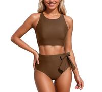 Traje de baño Tankini de Moda de Color sólido y Estampado, Ropa de Playa de Dos Piezas para Nadar y Ropa Informal. (Coffee, L)