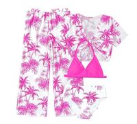 Traje de baño tropical para como conjunto de cuatro piezas con bikini halter y pantalones cortos de malla con diseño alegre de verano