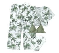 Traje de baño tropical para como conjunto de cuatro piezas con bikini halter y pantalones cortos de malla con diseño alegre de verano