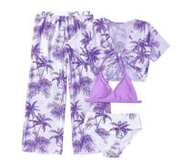 Traje de baño tropical para como conjunto de cuatro piezas con bikini halter y pantalones cortos de malla con diseño alegre de verano