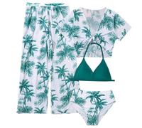 Traje de baño tropical para como conjunto de cuatro piezas con bikini halter y pantalones cortos de malla con diseño alegre de verano