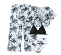 Traje de baño tropical para como conjunto de cuatro piezas con bikini halter y pantalones cortos de malla con diseño alegre de verano