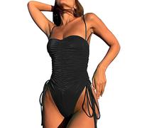 Traje de Baño una Pieza vaciados Espalda Descubierta Piscina Playa Traje de baño 20 para Mujer, Traje de baño Recortado con Cintura Alta, Traje de baño con Cordones Frontales (Black, M)