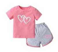 Traje de bebé niña verano casual estampado corazón camiseta manga corta suéter corto dos piezas alto bajo(6-7 años)