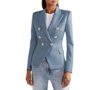 Traje de blazer para mujer, color liso, con doble botonadura, para oficina, informal, de manga larga, azul, S