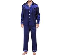 Traje de casa para hombre elegante y acogedor, pantalón de loungewear, pijama largo de dos piezas con tira de botones, juego de pijama de manga larga de satén, ropa de dormir ligera, azul, XXXL